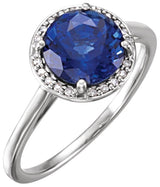 14K Gold Round Lab-Grown Blue Sapphire & Natural Diamond Halo-Style Ring - White Gold