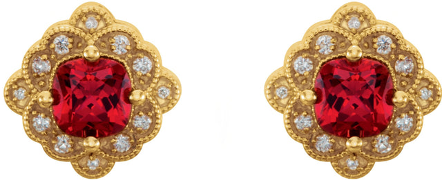 14K Gold Lab-Grown Ruby & Natural Diamond Cushion 4-Prong Vintage-Inspired Earrings - Yellow Gold - view 2