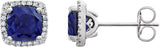 14K Gold Cushion Lab-Grown Blue Sapphire & Natural Diamond Round 4-Prong Halo-Style Earrings