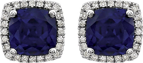 14K Gold Cushion Lab-Grown Blue Sapphire & Natural Diamond Round 4-Prong Halo-Style Earrings - view 2