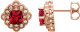 14K Gold Lab-Grown Ruby & Natural Diamond Cushion 4-Prong Vintage-Inspired Earrings - Rose Gold