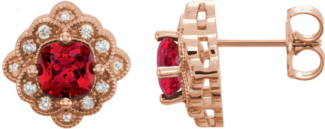14K Gold Lab-Grown Ruby & Natural Diamond Cushion 4-Prong Vintage-Inspired Earrings - Rose Gold