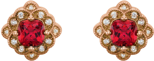14K Gold Lab-Grown Ruby & Natural Diamond Cushion 4-Prong Vintage-Inspired Earrings - Rose Gold - view 2