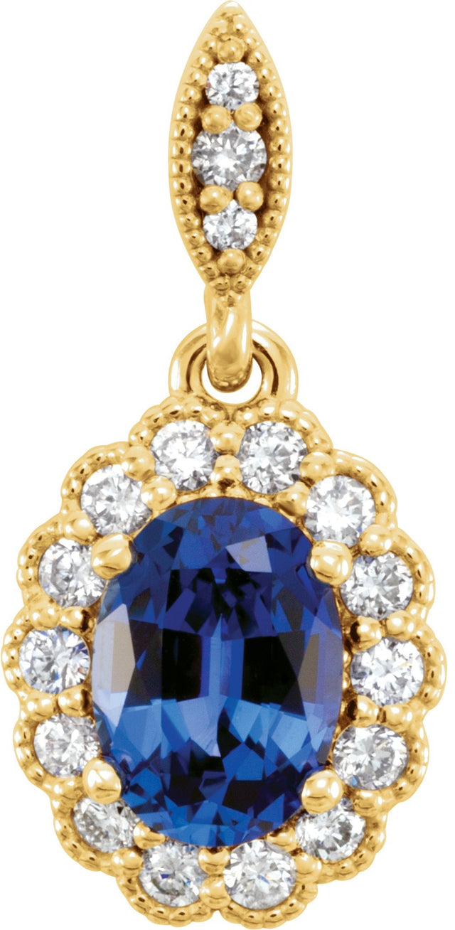 14K Gold Oval Lab-Grown Blue Sapphire & Natural Diamond Halo-Style Pendant – 1/5 CTW - Yellow Gold