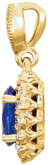 14K Gold Oval Lab-Grown Blue Sapphire & Natural Diamond Halo-Style Pendant – 1/5 CTW - Yellow Gold - view 2