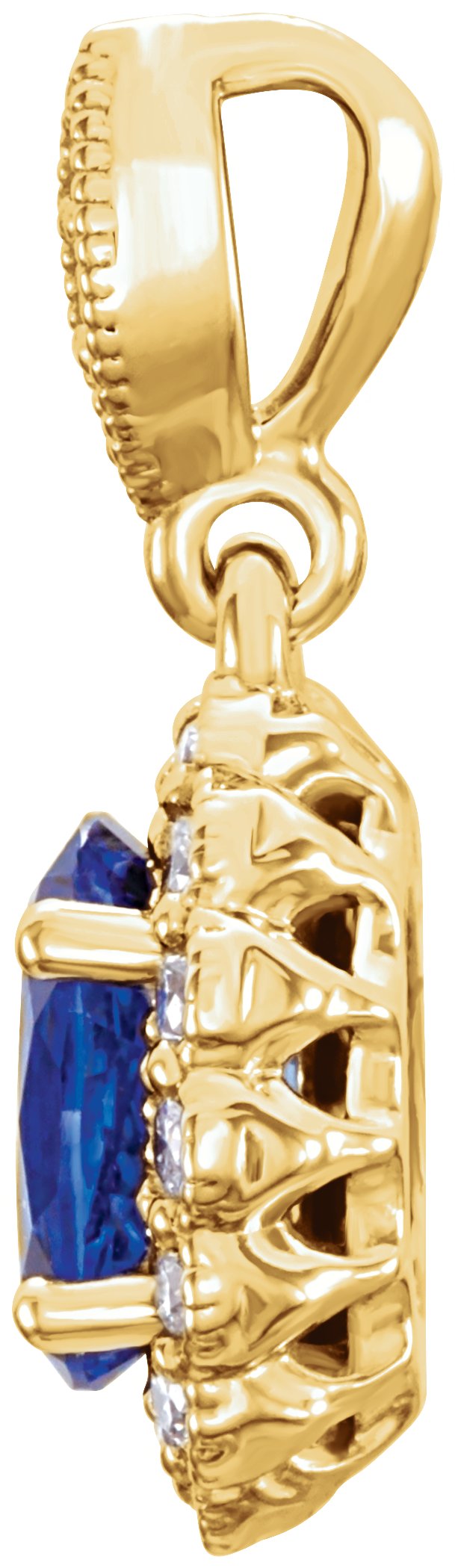 14K Gold Oval Lab-Grown Blue Sapphire & Natural Diamond Halo-Style Pendant – 1/5 CTW - Yellow Gold - view 2