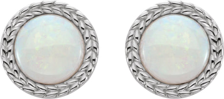 Platinum Round Natural White Opal Cabochon Bezel-Set Leaf Earrings - view 2