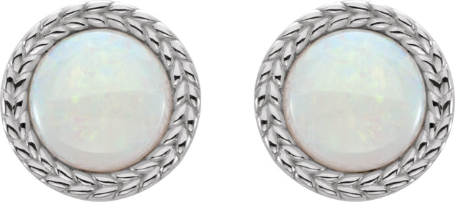 Platinum Round Natural White Opal Cabochon Bezel-Set Leaf Earrings - view 2