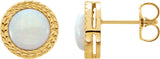 14K Gold Round Natural White Opal Cabochon Bezel-Set Leaf Earrings - Yellow Gold