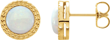 14K Gold Round Natural White Opal Cabochon Bezel-Set Leaf Earrings - Yellow Gold
