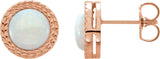 14K Gold Round Natural White Opal Cabochon Bezel-Set Leaf Earrings - Rose Gold