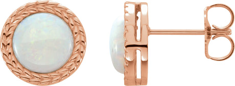 14K Gold Round Natural White Opal Cabochon Bezel-Set Leaf Earrings - Rose Gold