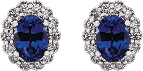 Platinum Lab-Grown Blue Sapphire & Natural Diamond Oval 4-Prong Halo-Style Earrings - view 2