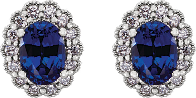 Platinum Lab-Grown Blue Sapphire & Natural Diamond Oval 4-Prong Halo-Style Earrings - view 2