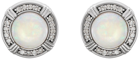 Platinum Round Natural White Opal & Natural Diamond Bezel-Set Halo-Style Earrings - view 2