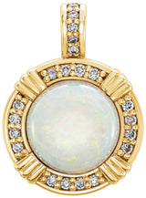 14K Gold Round Natural White Opal & Natural Diamond Cabochon Pendant - Yellow Gold