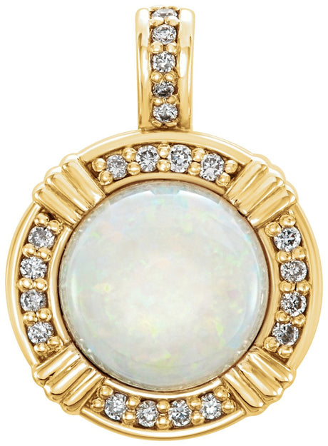 14K Gold Round Natural White Opal & Natural Diamond Cabochon Pendant - Yellow Gold