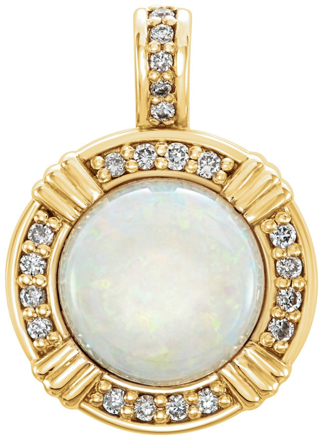 14K Gold Round Natural White Opal & Natural Diamond Cabochon Pendant - Yellow Gold