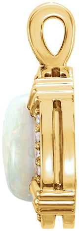 14K Gold Round Natural White Opal & Natural Diamond Cabochon Pendant - Yellow Gold - view 2