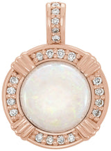 14K Gold Round Natural White Opal & Natural Diamond Cabochon Pendant - Rose Gold