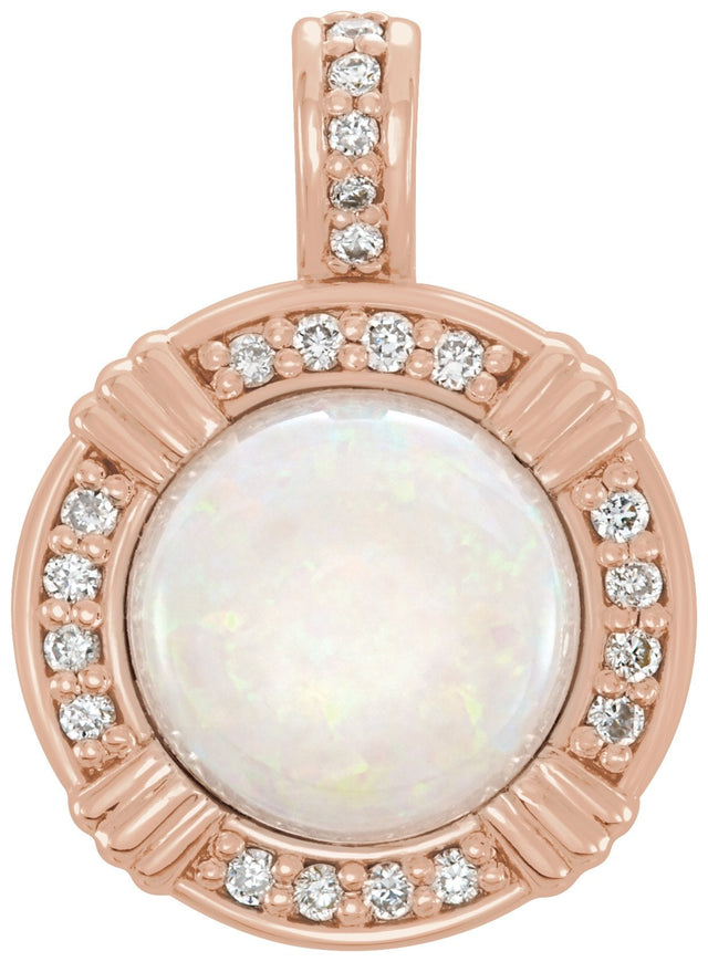 14K Gold Round Natural White Opal & Natural Diamond Cabochon Pendant - Rose Gold