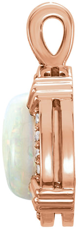 14K Gold Round Natural White Opal & Natural Diamond Cabochon Pendant - Rose Gold - view 2