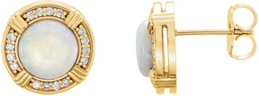 14K Gold Round Natural White Opal & Natural Diamond Bezel-Set Halo-Style Earrings - Yellow Gold