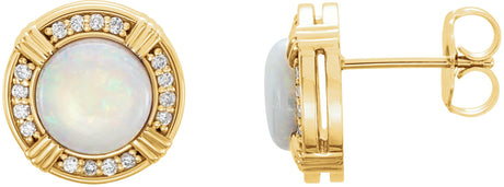 14K Gold Round Natural White Opal & Natural Diamond Bezel-Set Halo-Style Earrings - Yellow Gold