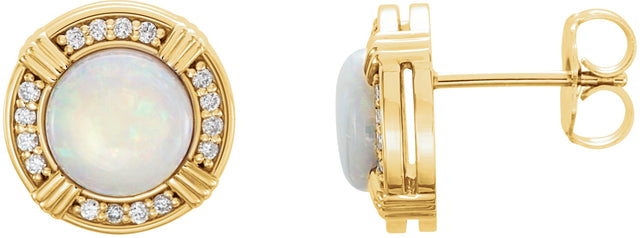 14K Gold Round Natural White Opal & Natural Diamond Bezel-Set Halo-Style Earrings - Yellow Gold