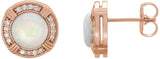 14K Gold Round Natural White Opal & Natural Diamond Bezel-Set Halo-Style Earrings - Rose Gold