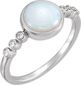 14K Gold Round Natural White Opal & Natural Diamond Bezel-Set Ring - White Gold