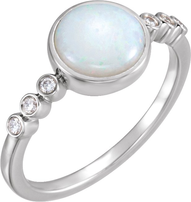 14K Gold Round Natural White Opal & Natural Diamond Bezel-Set Ring - White Gold