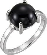 14K Gold Oval Natural Black Onyx Cabochon Solitaire Ring - White Gold
