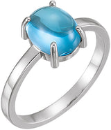 14K Gold Oval Natural Swiss Blue Topaz Cabochon Solitaire Ring - White Gold