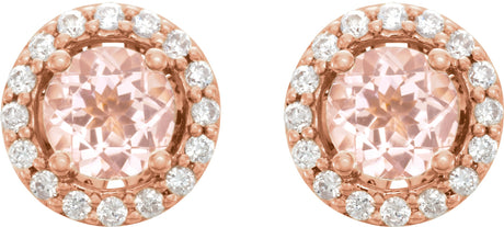 14K Gold Natural Pink Morganite & Natural Diamond Round 4-Prong Halo-Style Earrings - view 2