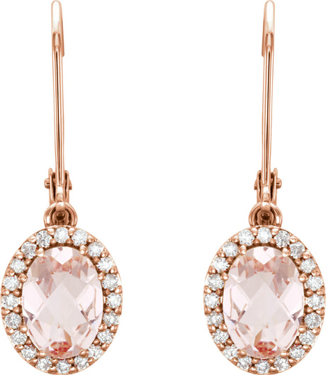 14K Gold Oval Natural Pink Morganite & Natural Diamond Halo-Style Earrings – 7x5mm - view 2