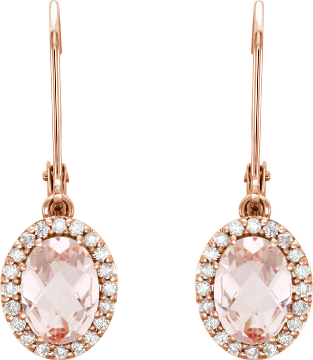 14K Gold Oval Natural Pink Morganite & Natural Diamond Halo-Style Earrings – 7x5mm - view 2