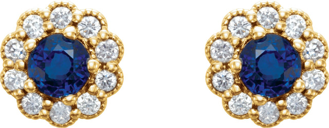 14K Gold Natural Blue Sapphire & Natural Diamond Round 4-Prong Halo-Style Earrings - Yellow Gold - view 4