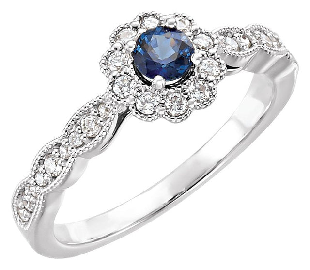 Platinum Round Natural Blue Sapphire & Natural Diamond Halo-Style Ring