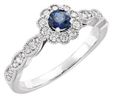 14K Gold Round Natural Blue Sapphire & Natural Diamond Halo-Style Ring - White Gold