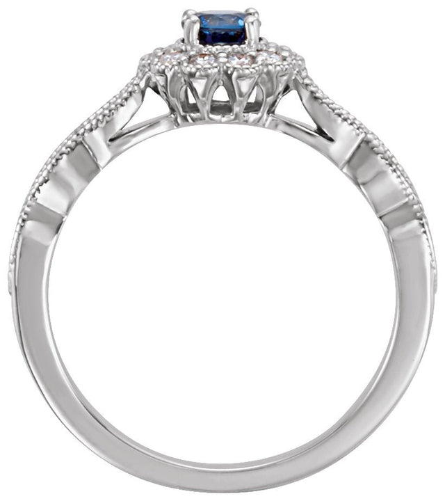 14K Gold Round Natural Blue Sapphire & Natural Diamond Halo-Style Ring - White Gold - view 2