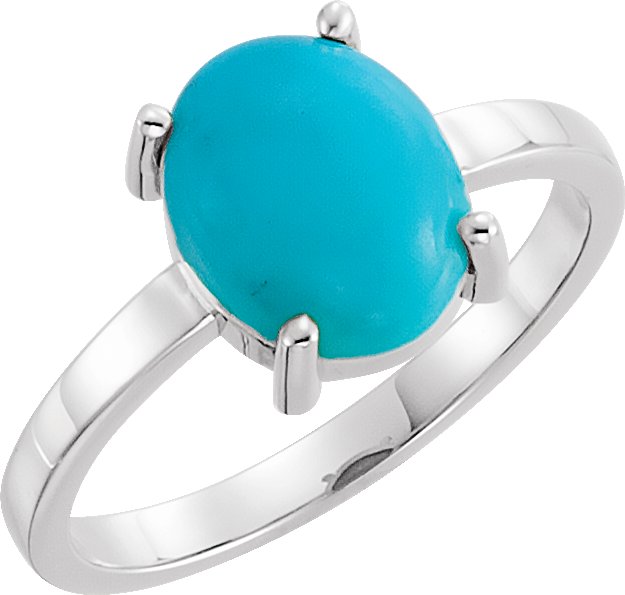 14K Gold Oval Natural Turquoise Cabochon Solitaire Ring - White Gold