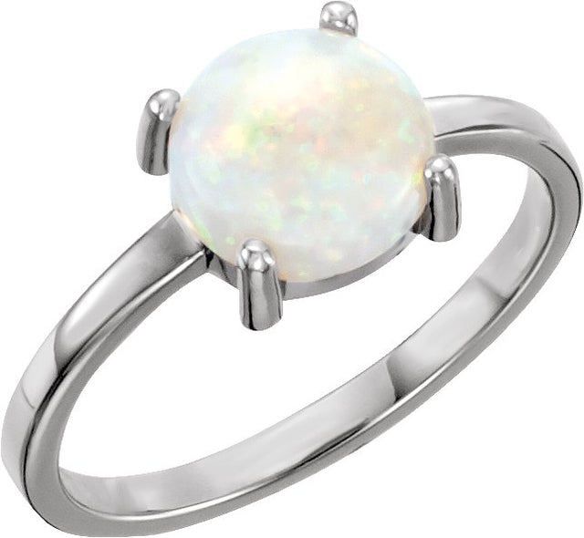 14K Gold Oval Natural Opal Cabochon Solitaire Ring - White Gold