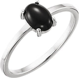14K Gold Oval Natural Black Onyx Cabochon Solitaire Ring - White Gold
