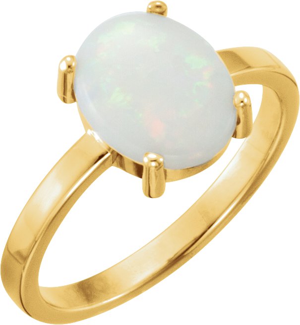 14K Gold Oval Natural Opal Cabochon Solitaire Ring - Yellow Gold