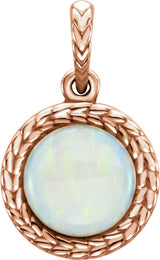 14K Gold Round Natural White Opal Leaf Cabochon Pendant - Rose Gold
