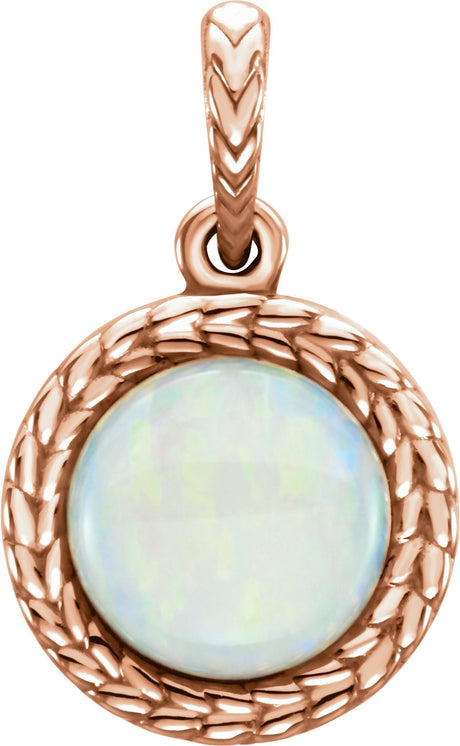 14K Gold Round Natural White Opal Leaf Cabochon Pendant - Rose Gold