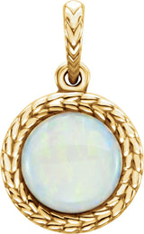 14K Gold Round Natural White Opal Leaf Cabochon Pendant - Yellow Gold
