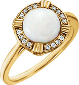 14K Gold Round Natural White Opal & Natural Diamond Cabochon Ring - Yellow Gold