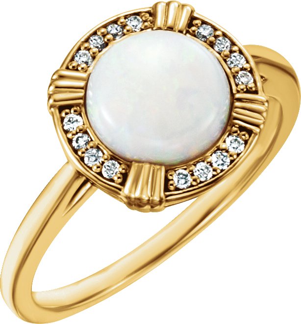 14K Gold Round Natural White Opal & Natural Diamond Cabochon Ring - Yellow Gold